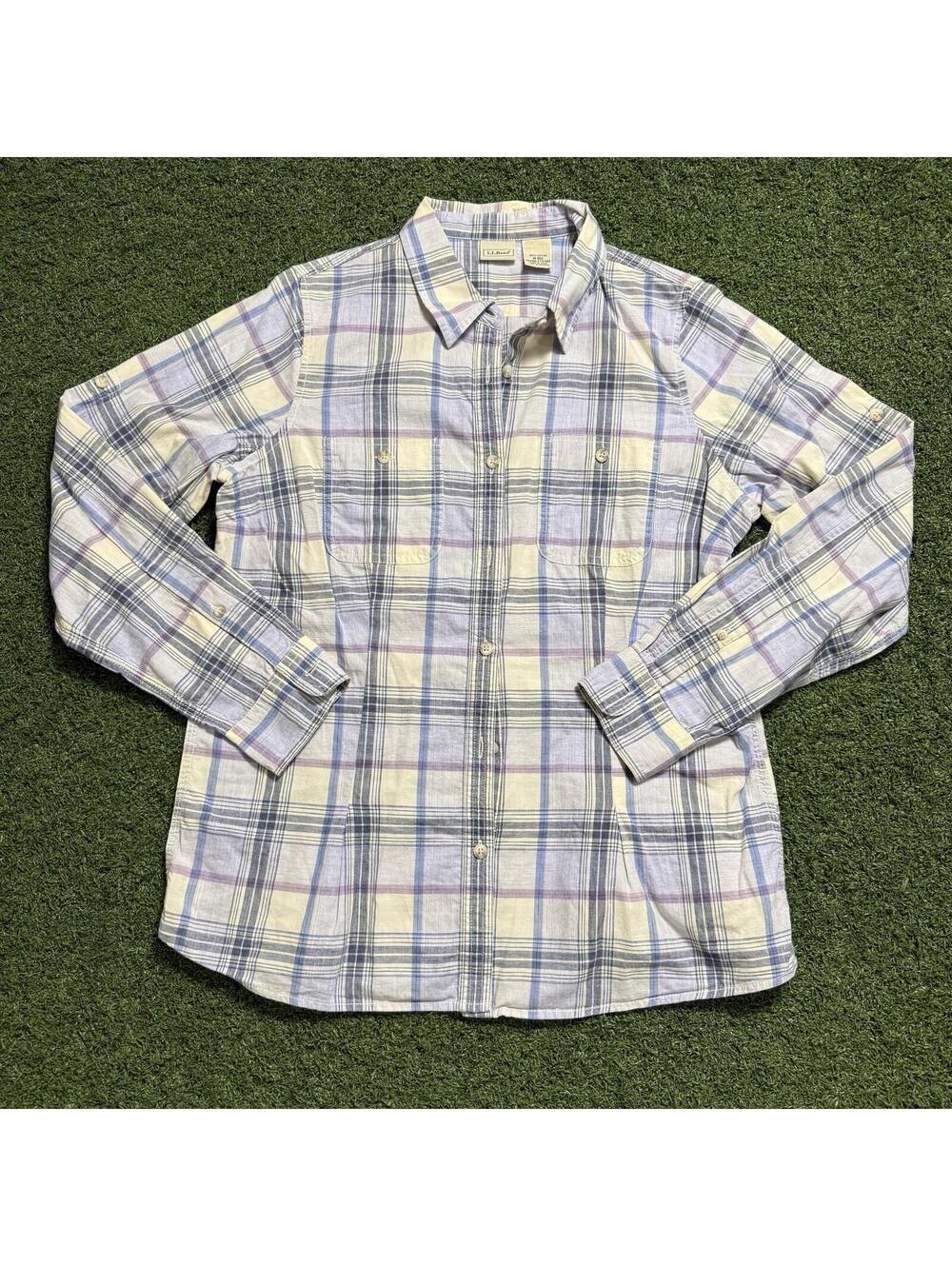 L.L.Bean Plaid Button Up Shirt Pastel Cotton Outdoor Womens M Roll-Up Casual Rlx